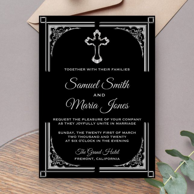 Elegant Silver Cross Christian Wedding Invitation (Creator Uploaded)