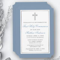 Elegant Silver Cross Dusty Blue First Communion