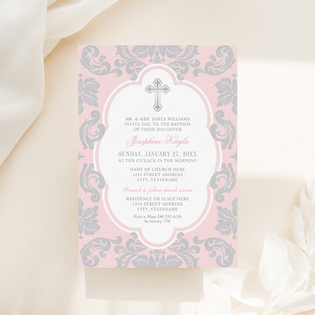 Elegant Silver Cross Pink Damask Baby Girl Baptism Invitation (Creator Uploaded)