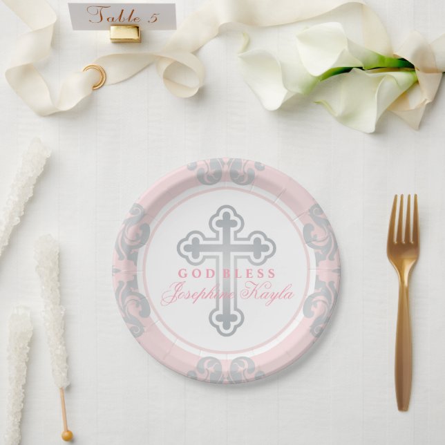 Elegant Silver Cross Pink Damask Baby Girl Baptism Paper Plate (Wedding)