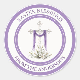 Elegant Silver Cross with Purple Cloth Classic Round Sticker