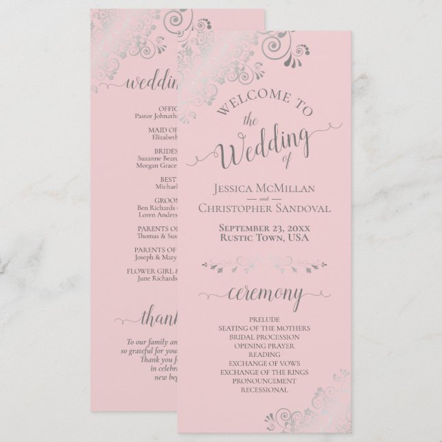 Elegant Silver Curls Blush Pink & Grey Wedding Programme (Front/Back)