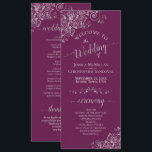 Elegant Silver Curls Cassis Purple Magenta Wedding Programme<br><div class="desc">This beautiful wedding program features an elegant design with pale grey text on a cassis purple, magenta, or berry coloured background and lacy silver grey faux foil curls and swirls in the corners. The titles are written in fancy script calligraphy, and there is space for your ceremony and wedding party...</div>