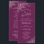 Elegant Silver Curls Cassis Purple Magenta Wedding Programme<br><div class="desc">This beautiful wedding program features an elegant design with pale grey text on a cassis purple, magenta, or berry coloured background and lacy silver grey faux foil curls and swirls in the corners. The titles are written in fancy script calligraphy, and there is space for your ceremony and wedding party...</div>