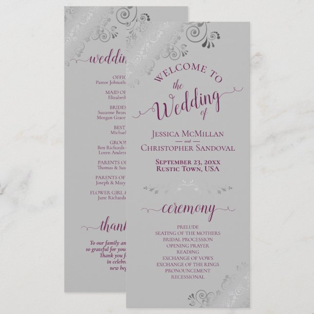 Elegant Silver Curls Cassis Purple on Grey Wedding Programme (Front/Back)