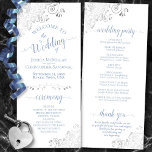 Elegant Silver Curls Dusty Blue on White Wedding Programme<br><div class="desc">This beautiful wedding program features an elegant design with dusty blue text on a white background and lacy silver grey faux foil curls and swirls in the corners. The titles are written in fancy script calligraphy, and there is space for your ceremony and wedding party details, as well as a...</div>