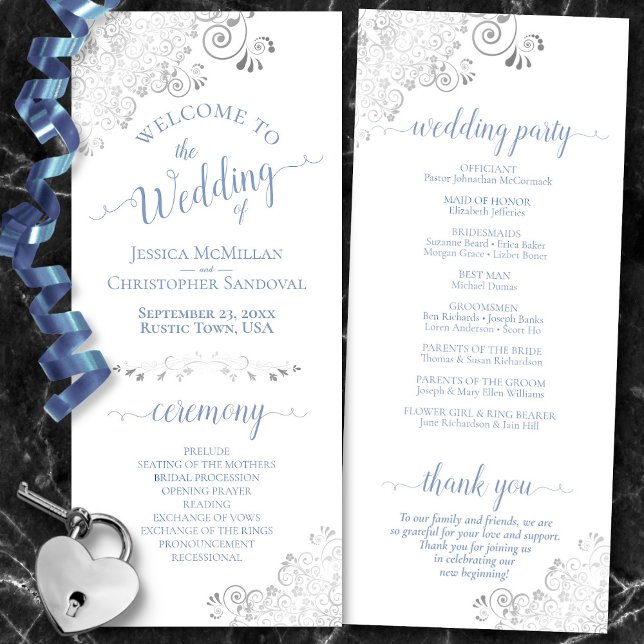 Elegant Silver Curls Dusty Blue on White Wedding Programme (Front/Back)