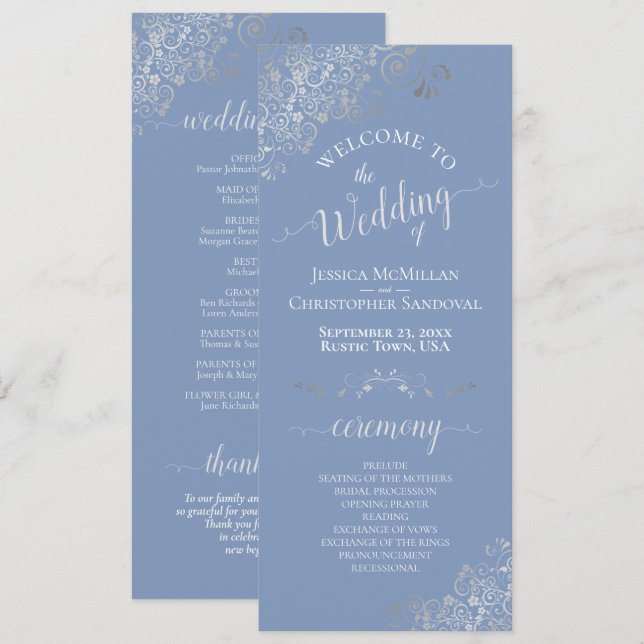 Elegant Silver Curls Dusty Blue Periwinkle Wedding Programme (Front/Back)