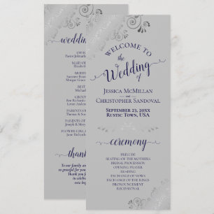 Elegant Silver Curls Navy Blue on Grey Wedding Programme