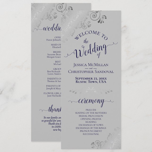 Elegant Silver Curls Navy Blue on Grey Wedding Programme (Front/Back)
