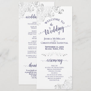 Elegant Silver Curls Navy Blue on White Wedding Programme