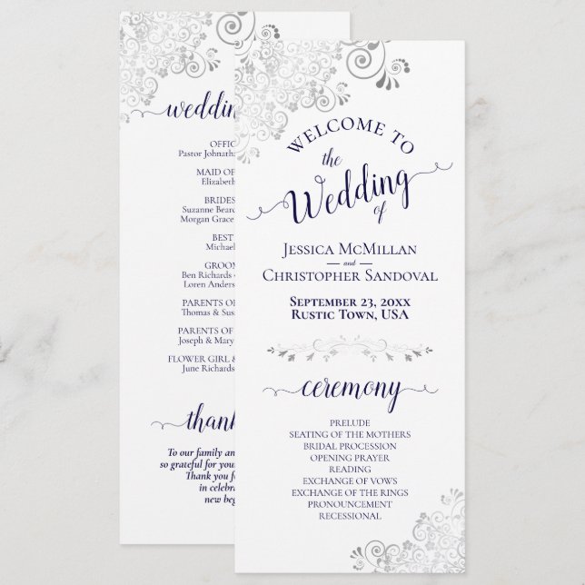 Elegant Silver Curls Navy Blue on White Wedding Programme (Front/Back)