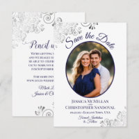 Elegant Silver Curls Navy Blue Photo White Wedding