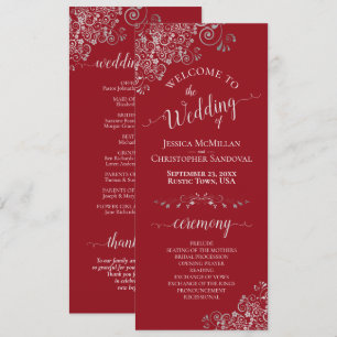 Elegant Silver Curls on Crimson Red Simple Wedding Programme