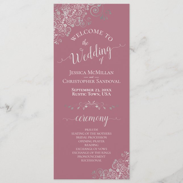 Elegant Silver Curls on Dusty Rose Simple Wedding Programme (Front)