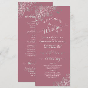 Elegant Silver Curls on Dusty Rose Simple Wedding Programme