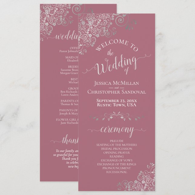 Elegant Silver Curls on Dusty Rose Simple Wedding Programme (Front/Back)