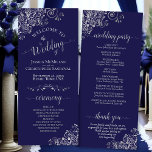 Elegant Silver Curls on Navy Blue Simple Wedding Programme<br><div class="desc">This beautiful wedding program features an elegant design with pale grey text on a navy blue background and lacy silver grey faux foil curls and swirls in the corners. The titles are written in fancy script calligraphy, and there is space for your ceremony and wedding party details, as well as...</div>