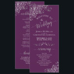 Elegant Silver Curls on Plum Purple Simple Wedding Programme<br><div class="desc">This beautiful wedding program features an elegant design with pale grey text on a plum purple background and lacy silver grey faux foil curls and swirls in the corners. The titles are written in fancy script calligraphy, and there is space for your ceremony and wedding party details, as well as...</div>