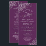 Elegant Silver Curls on Plum Purple Simple Wedding Programme<br><div class="desc">This beautiful wedding program features an elegant design with pale grey text on a plum purple background and lacy silver grey faux foil curls and swirls in the corners. The titles are written in fancy script calligraphy, and there is space for your ceremony and wedding party details, as well as...</div>