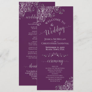 Elegant Silver Curls on Plum Purple Simple Wedding Programme