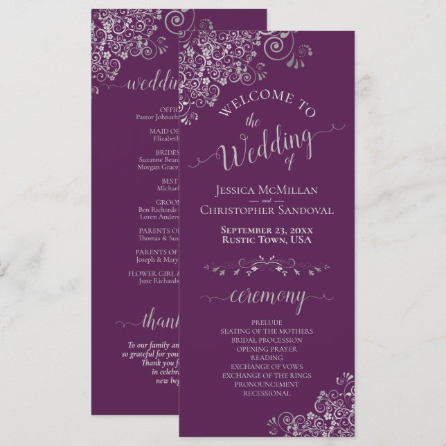 Elegant Silver Curls on Plum Purple Simple Wedding Programme (Front/Back)