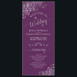 Elegant Silver Curls on Plum Purple Simple Wedding Programme<br><div class="desc">This beautiful wedding program features an elegant design with pale grey text on a plum purple background and lacy silver grey faux foil curls and swirls in the corners. The titles are written in fancy script calligraphy, and there is space for your ceremony and wedding party details, as well as...</div>