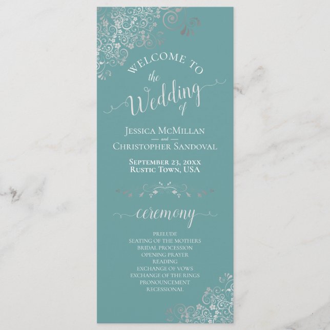 Elegant Silver Curls on Teal or Turquoise Wedding Programme (Front)