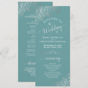 Elegant Silver Curls on Teal or Turquoise Wedding Programme
