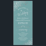 Elegant Silver Curls on Teal or Turquoise Wedding Programme<br><div class="desc">This beautiful wedding program features an elegant design with white text on a teal or turquoise coloured background and lacy silver grey faux foil curls and swirls in the corners. The titles are written in fancy script calligraphy, and there is space for your ceremony and wedding party details, as well...</div>