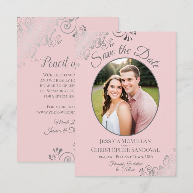 Elegant Silver Curls & Photo on Blush Pink Wedding Save The Date (Front/Back)