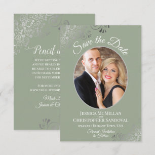 Elegant Silver Curls & Photo on Sage Green Wedding Save The Date