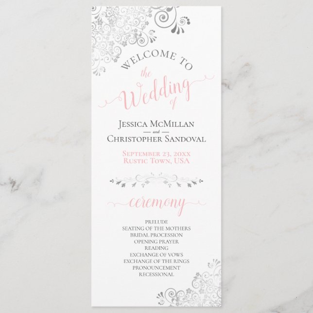Elegant Silver Curls Pink & Grey on White Wedding Programme (Front)