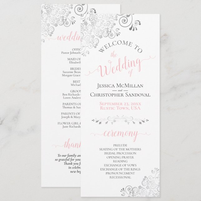 Elegant Silver Curls Pink & Grey on White Wedding Programme (Front/Back)