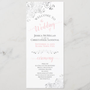 Elegant Silver Curls Pink & Grey on White Wedding Programme