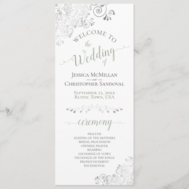 Elegant Silver Curls Sage Green on White Wedding Programme (Front)