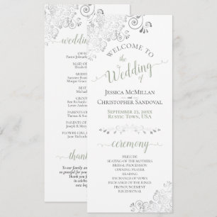 Elegant Silver Curls Sage Green on White Wedding Programme