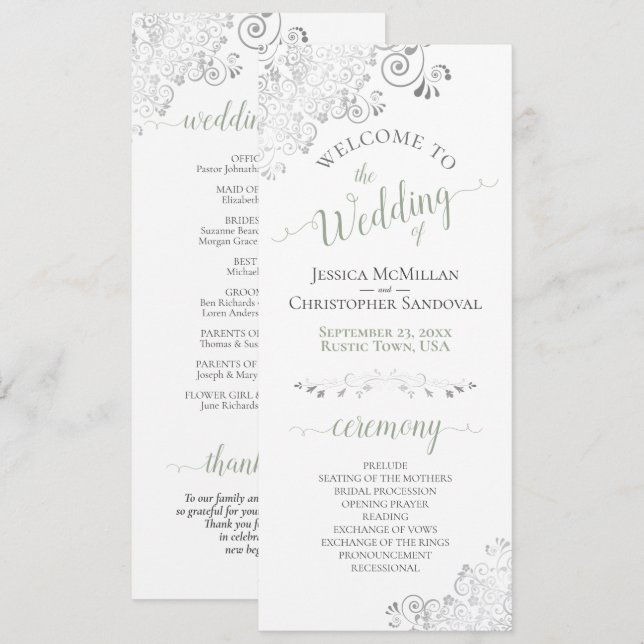 Elegant Silver Curls Sage Green on White Wedding Programme (Front/Back)