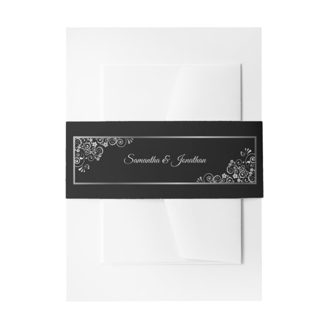 Elegant Silver Curls Swirls Classic Black Wedding Invitation Belly Band (Front Example)