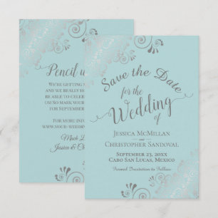 Elegant Silver Curls & Swirls Mint Teal Wedding Save The Date