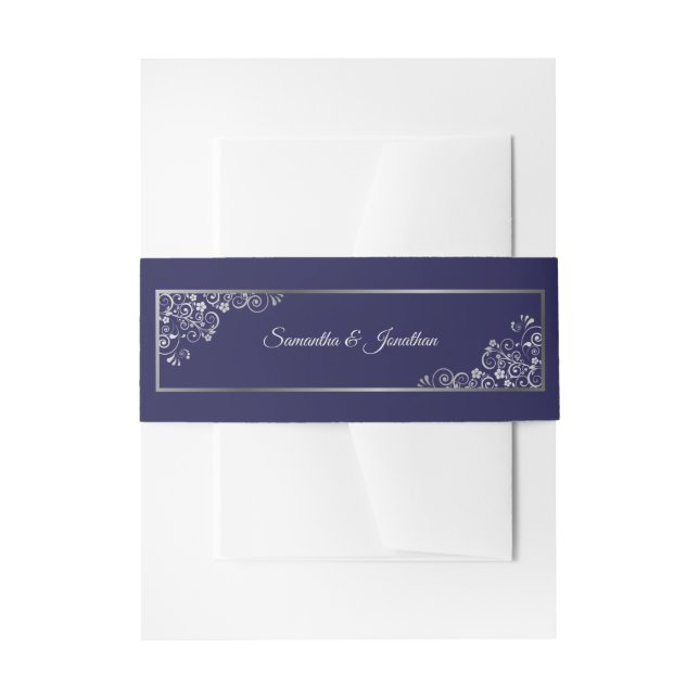 Elegant Silver Curls & Swirls Navy Blue Wedding Invitation Belly Band (Front Example)
