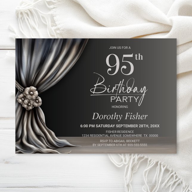 Elegant Silver Curtain 95th Birthday Party Invitation (Creator Uploaded)