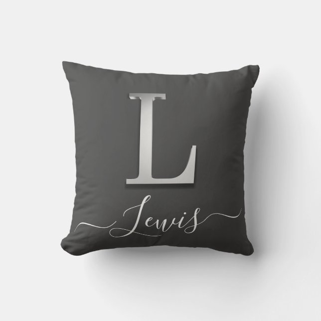 Elegant Silver Custom Monogram L Name Throw Pillow (Front)