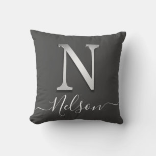 Elegant Silver Custom Monogram N Name Throw Pillow