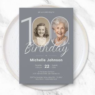 Elegant Silver Custom Photo 100th Birthday Invitation