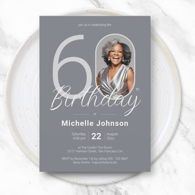 Elegant Silver Custom Photo 60th Birthday Invitation (Elegant Silver Custom Photo 60th Birthday Invitation)
