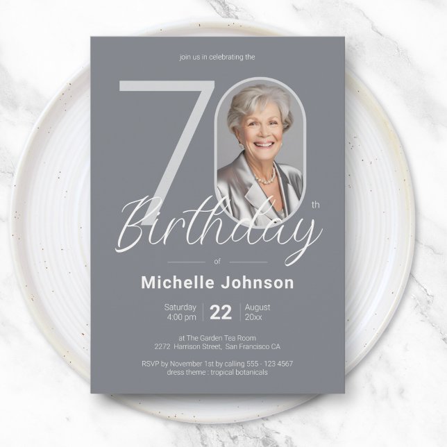 Elegant Silver Custom Photo 70th Birthday Invitation (Elegant Silver Custom Photo 70th Birthday Invitation)