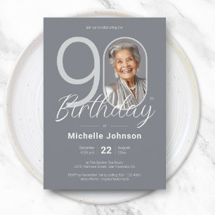 Elegant Silver Custom Photo 90th Birthday Invitation