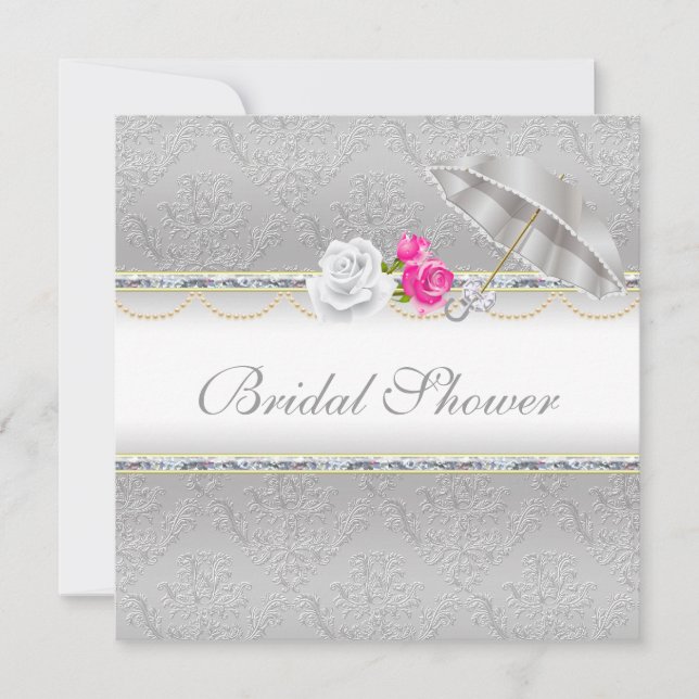 Elegant Silver Damask and Pink Rose Bridal Shower Invitation (Front)