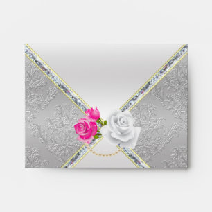 Elegant Silver Damask and Pink Rose Envelopes